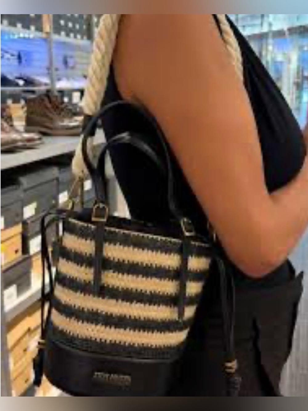 Steve Madden Black and Cream Striped Bucket Bag.
